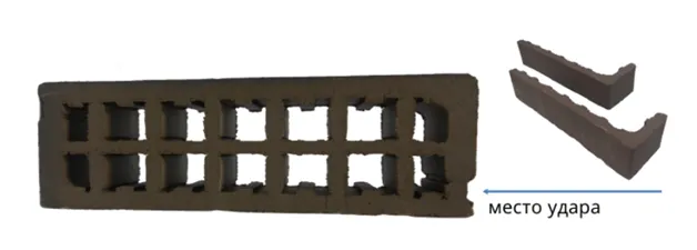 Для получения двух рабочих поверхностей необходимо расколоть кирпич ударом молотка по&nbsp;середине тычка